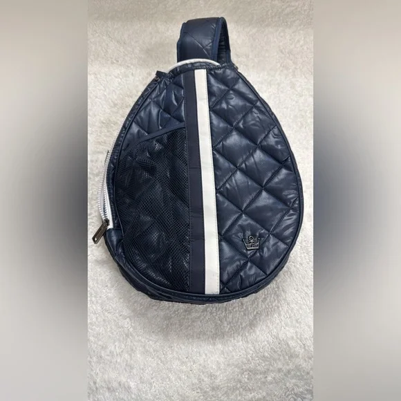 Oliver Thomas Navy Blue Maxxed Out Quilted Tennis Sling Bag with White Accents - Picture 3 of 13